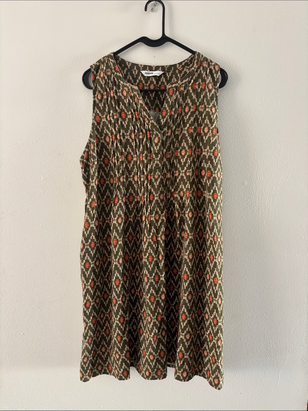 Sonoma Olive Ikat-Print Sleeveless Shift Dress with Orange Accents-Linen Blend-